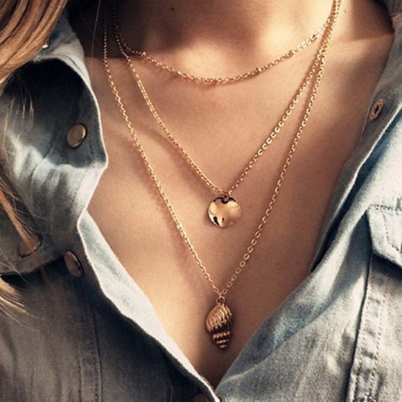 Multilayer Chain Cross Golden shell Pendants Necklace
