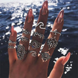 11 Pcs/set Bohemian Elephant Lotus Wave  Ring Set