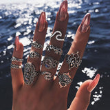 11 Pcs/set Bohemian Elephant Lotus Wave  Ring Set